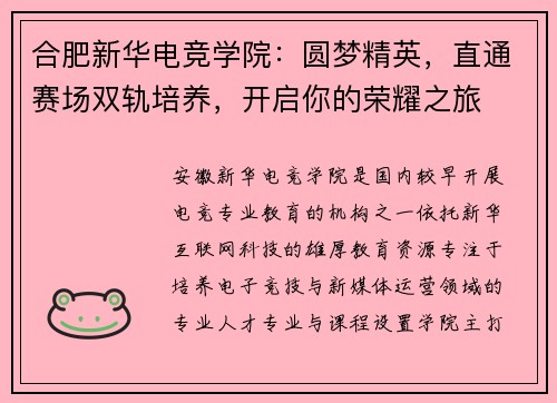 合肥新华电竞学院：圆梦精英，直通赛场双轨培养，开启你的荣耀之旅